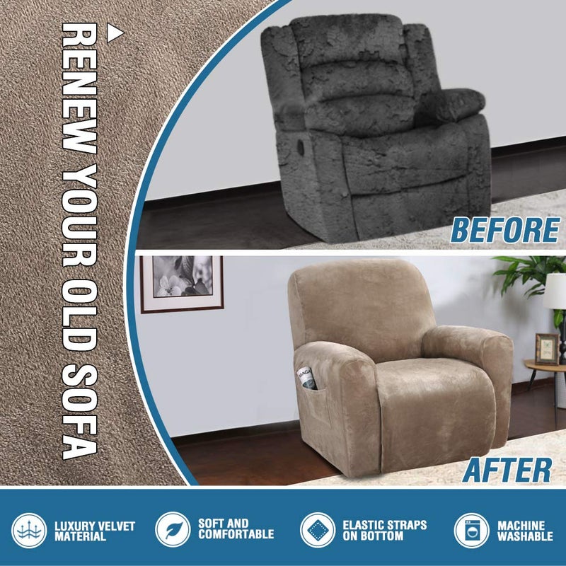 H.VERSAILTEX Velvet Stretch Recliner Couch Covers 4-Pieces Style Recliner Chair Covers Recliner Cover for Reclining Chair Slipcovers Feature Non Slip Form Fitted Thick Soft Washable, Taupe - Image 4